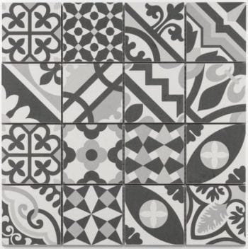 PATCHWORK Black White glasiertes Keramik Mosaik im Belle-Bouquet Style